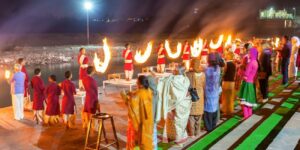 Luxury tent stay with gourmet dining and private evening Aarti ceremony at a serene and elegant camp.